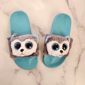 Ty Baby 1-3 girls slip on slides stuffed animal 3D blue eyed wolf fun summer san